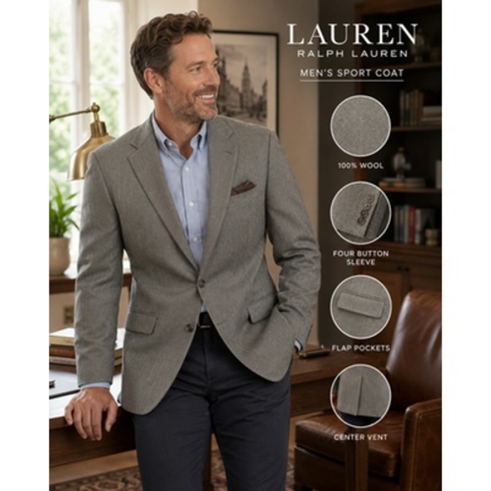Lauren Ralph Lauren Blazer Mens 44R Gray Wool Herringbone Tweed Sport Coat‎